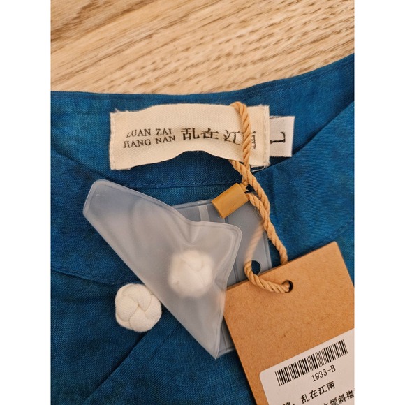 Chinese Style Long Dress with Magnolia Flower Print Blue Size Large High Neck - Picture 7 of 11